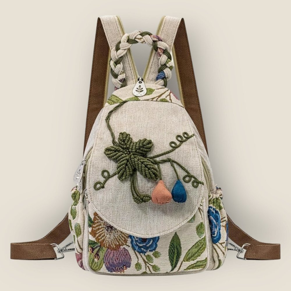 Like New Floral Embroidered Linen Mini Backpack in Natural